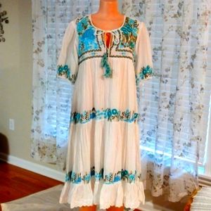NWOT Made in India Embroidered Dress, 100% Cotton